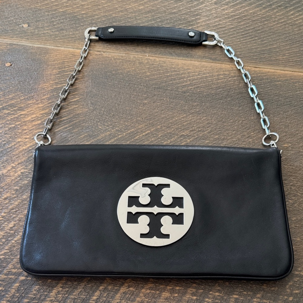Tory Burch Black Leather Bag with Silver Logo